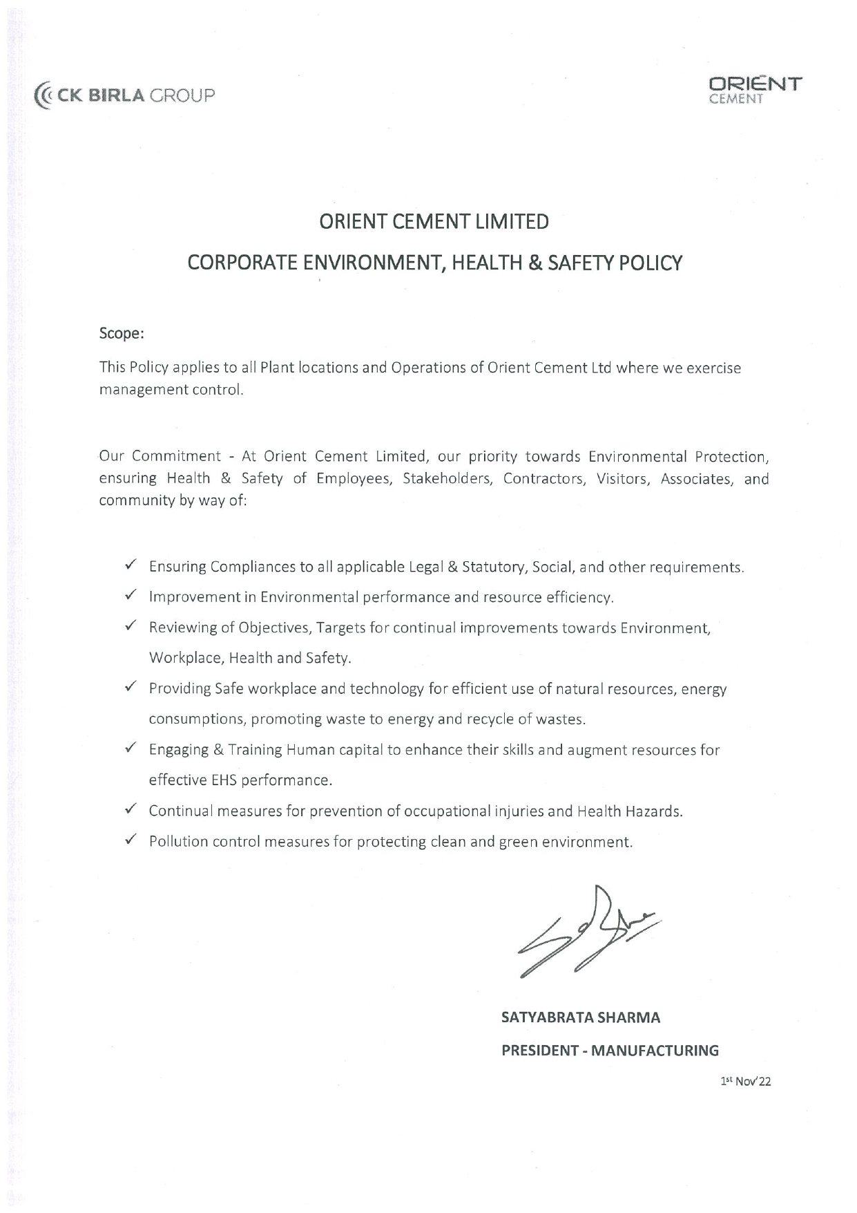 Corporate Environment, Health and Safety (EHS) Policy